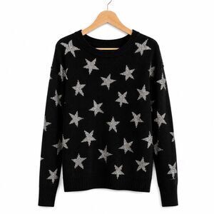 Jones New York NEW Oversized Black Silver Star Crewneck Sweater Metallic Knit SM